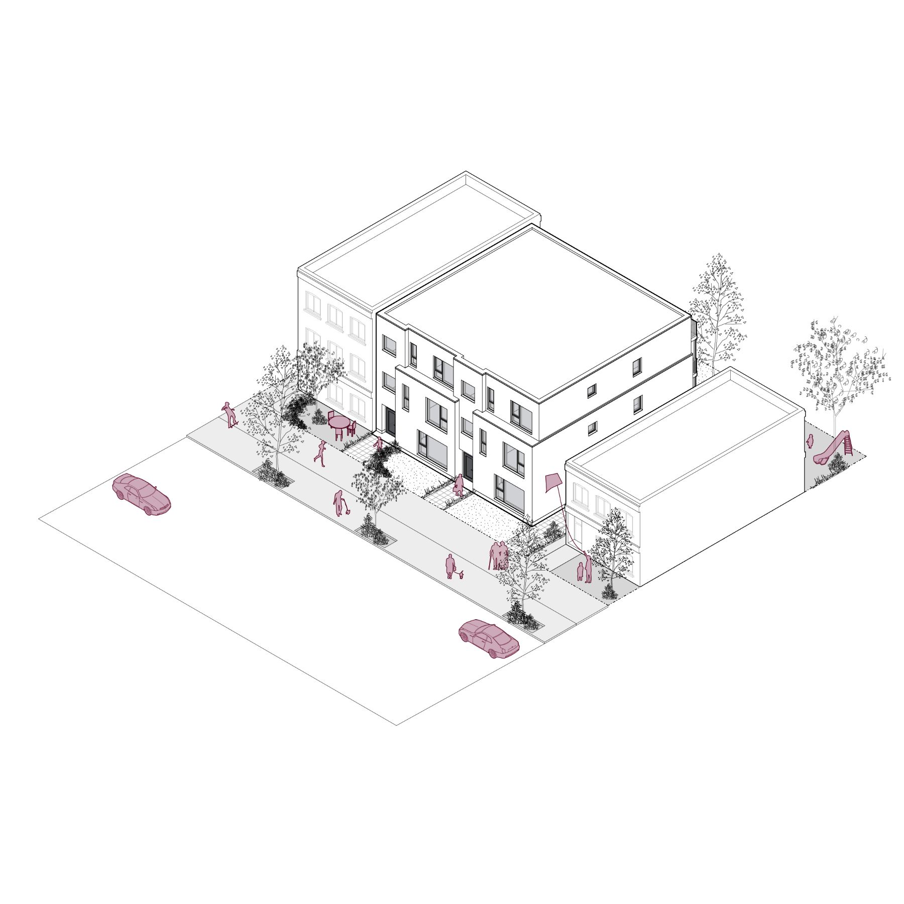 A 3D line rendering of a three-storey sixplex, covering approximately 228.8 sq. m (2,463 sq. ft.). The image shows the building’s integration within a residential neighbourhood.